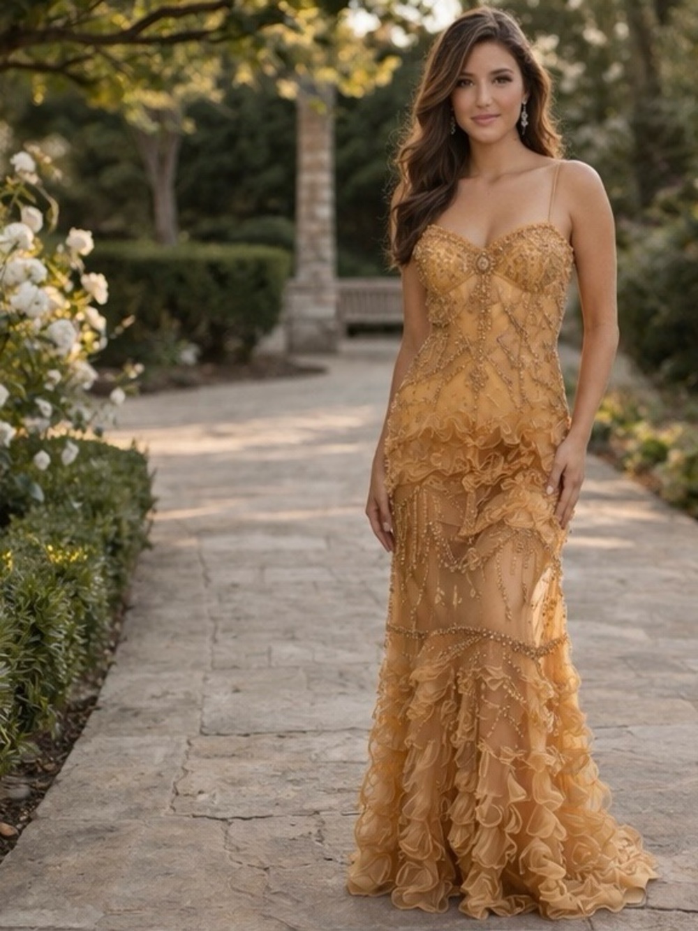 Marsoni Gold Mesh and Embriodery Applique Maxi Dress with Spaghetti Straps